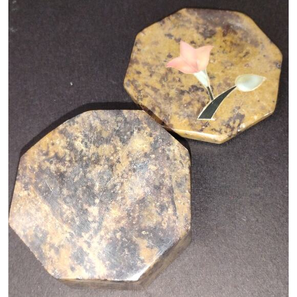 Vintage Stone Octagon Trinket Box with Inlaid Floral Design Brown Marble - Picture 2 of 3